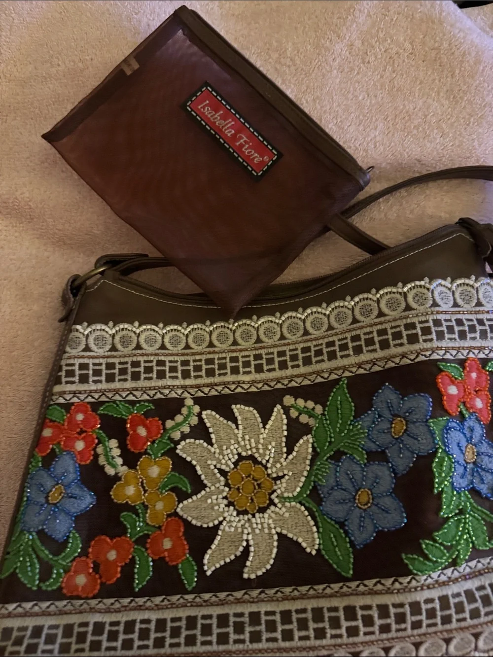 Isabella Fiore Beaded Floral Brown Shoulder Bag
